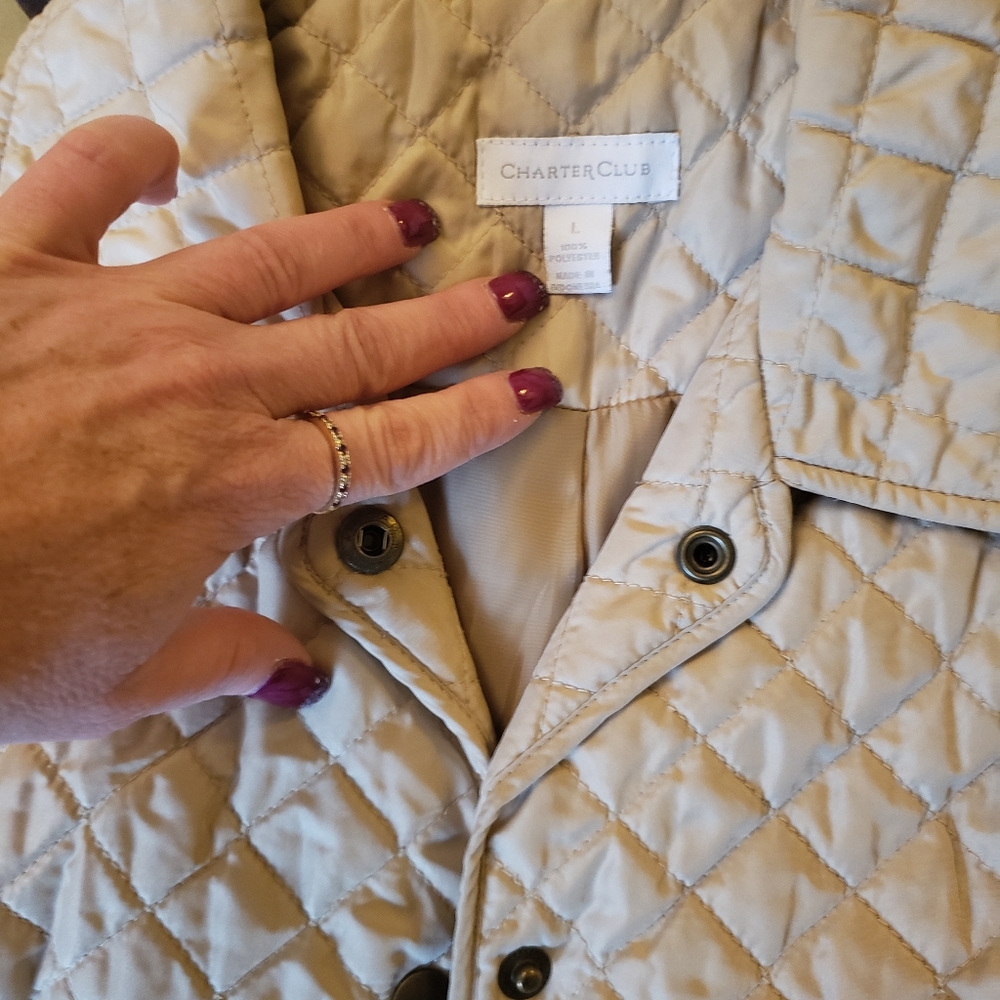 Peacoat, tan, checked/puffer, Lg, Charter Club